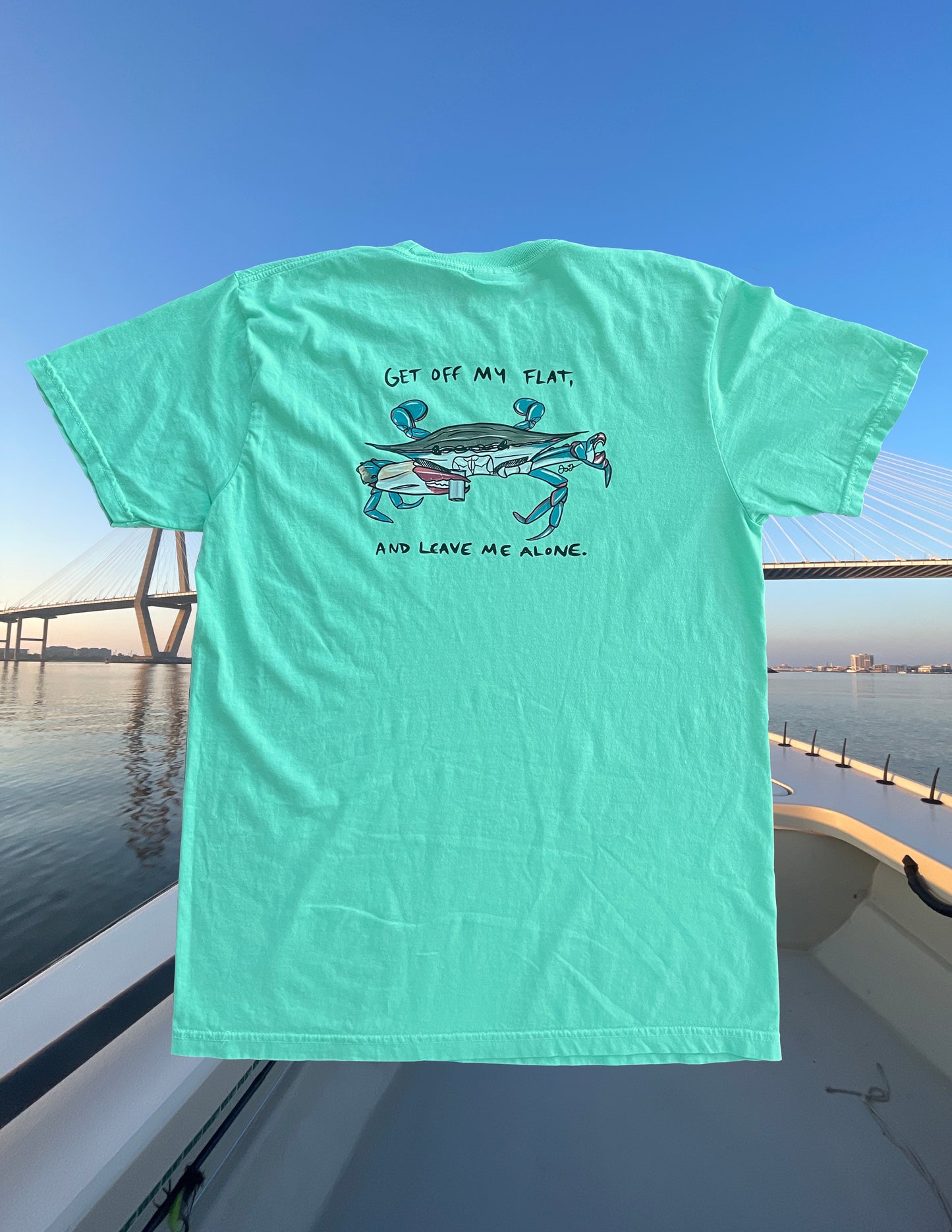 Get Off My Flat Blue Crab Comfort Color Pocket Tee: Limited Run!